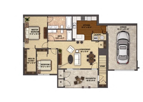 Floor plan for 2 beds, 2 baths, 1084 sqft